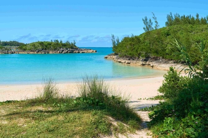 A quiet sandy cove seen past dune grass, turquoise water in the bay