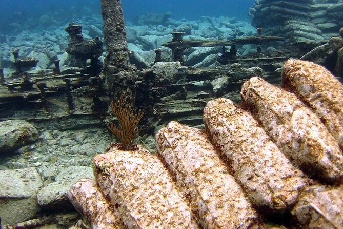 Coral-crusted wreckage lying on the reef floor